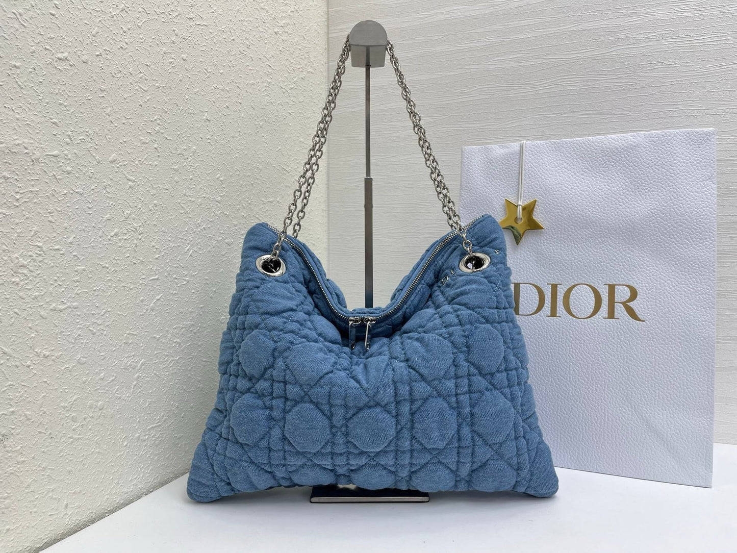 CD Small Cannage Quilted Tote Bag Blue Cowhide 158107