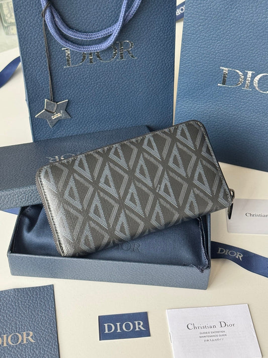CD Diamond Zipped Long Wallet Black Blue Canvas & Cowhide