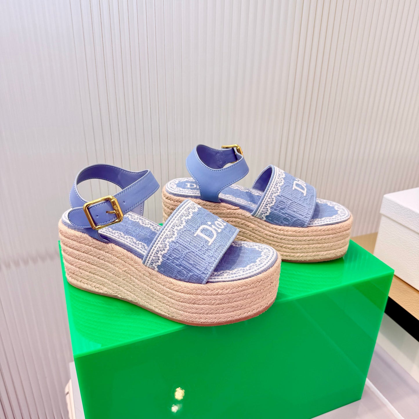 CD Dentelle Wedge Sandals Light Blue Cotton 832471