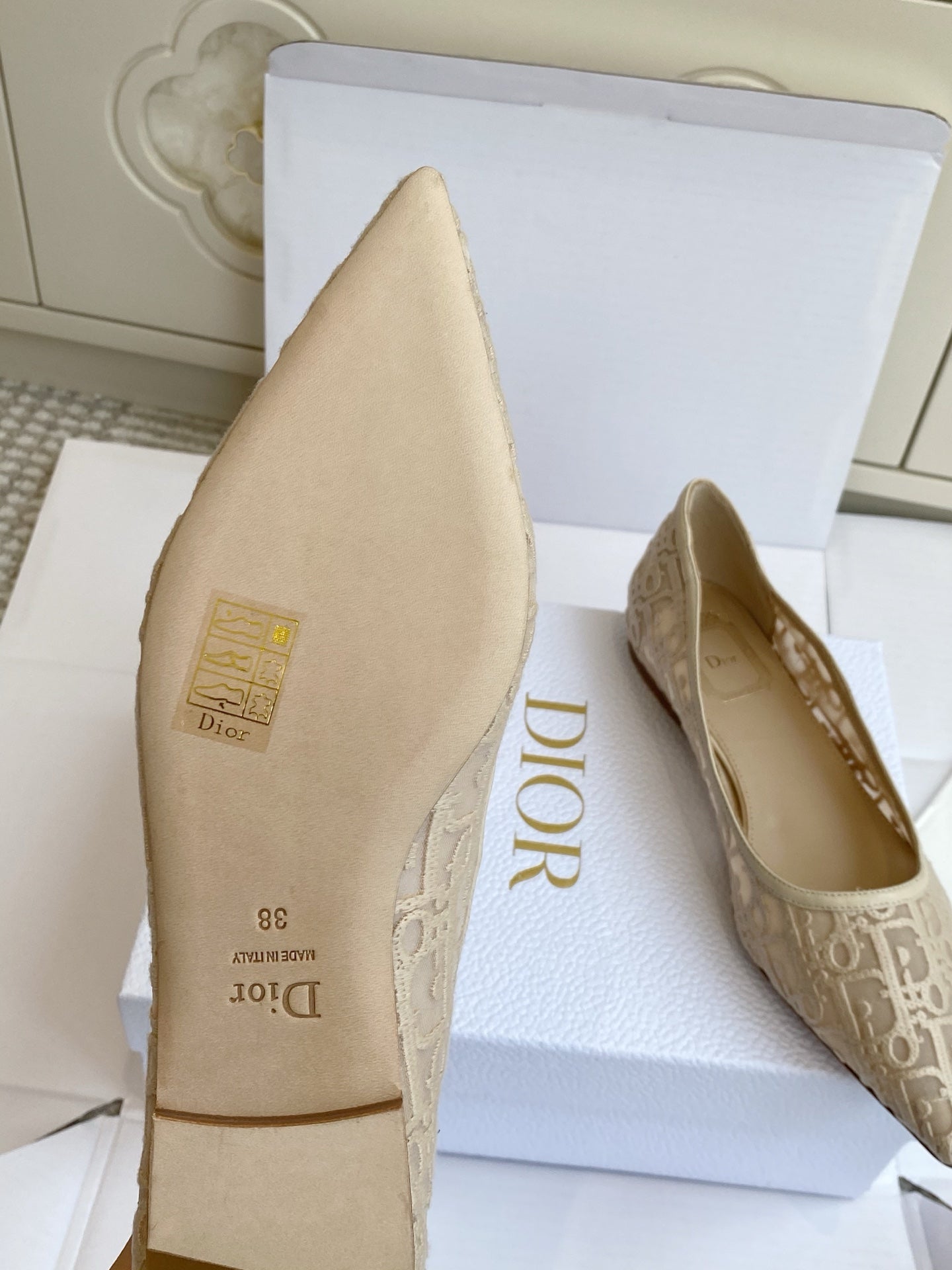 CD 26s Adioable Ballet Flat Monogram Beige Mesh Lambskin 909643