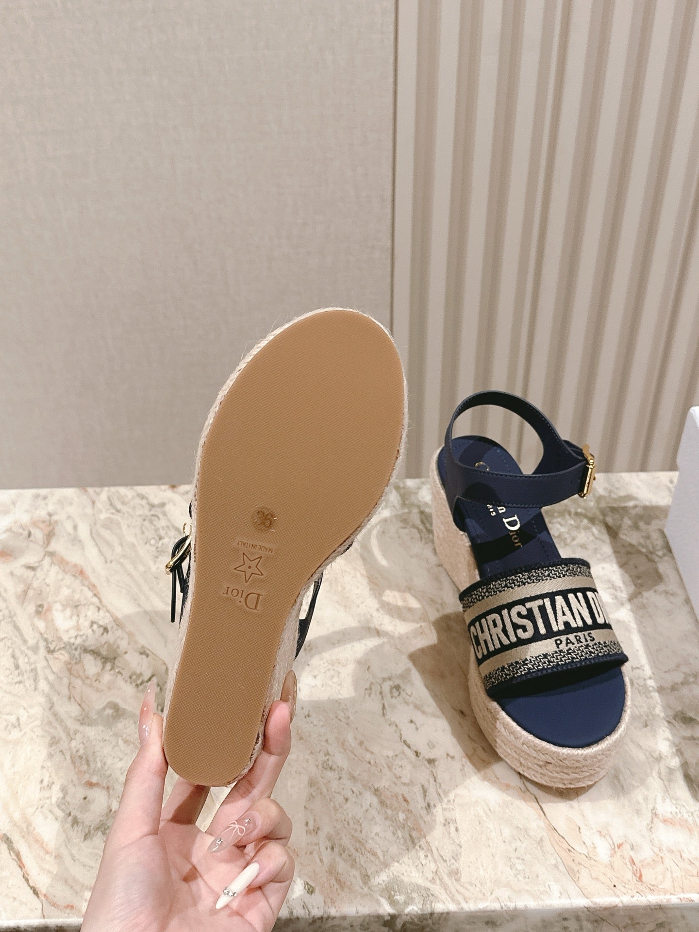 CD Dway Wedge Sandal 85mm Deep Blue Calfskin and Embroidered 483077