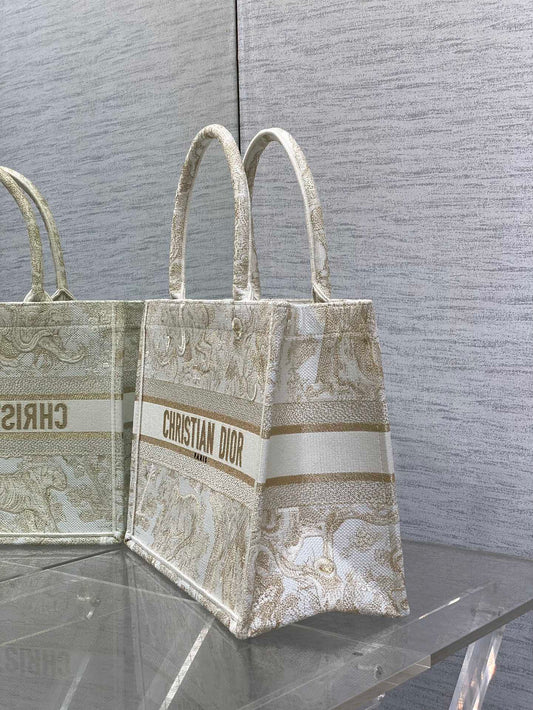 CD Medium Dior Book Tote Tiger Motif White Beige Cotton