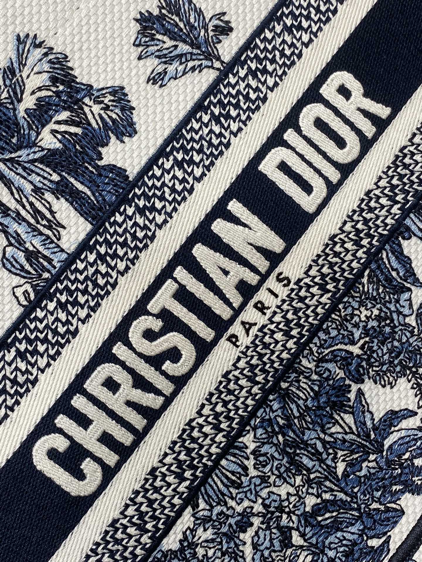 CD Small Dior Book Tote Tropical Pattern Slate Blue White Black Cotton