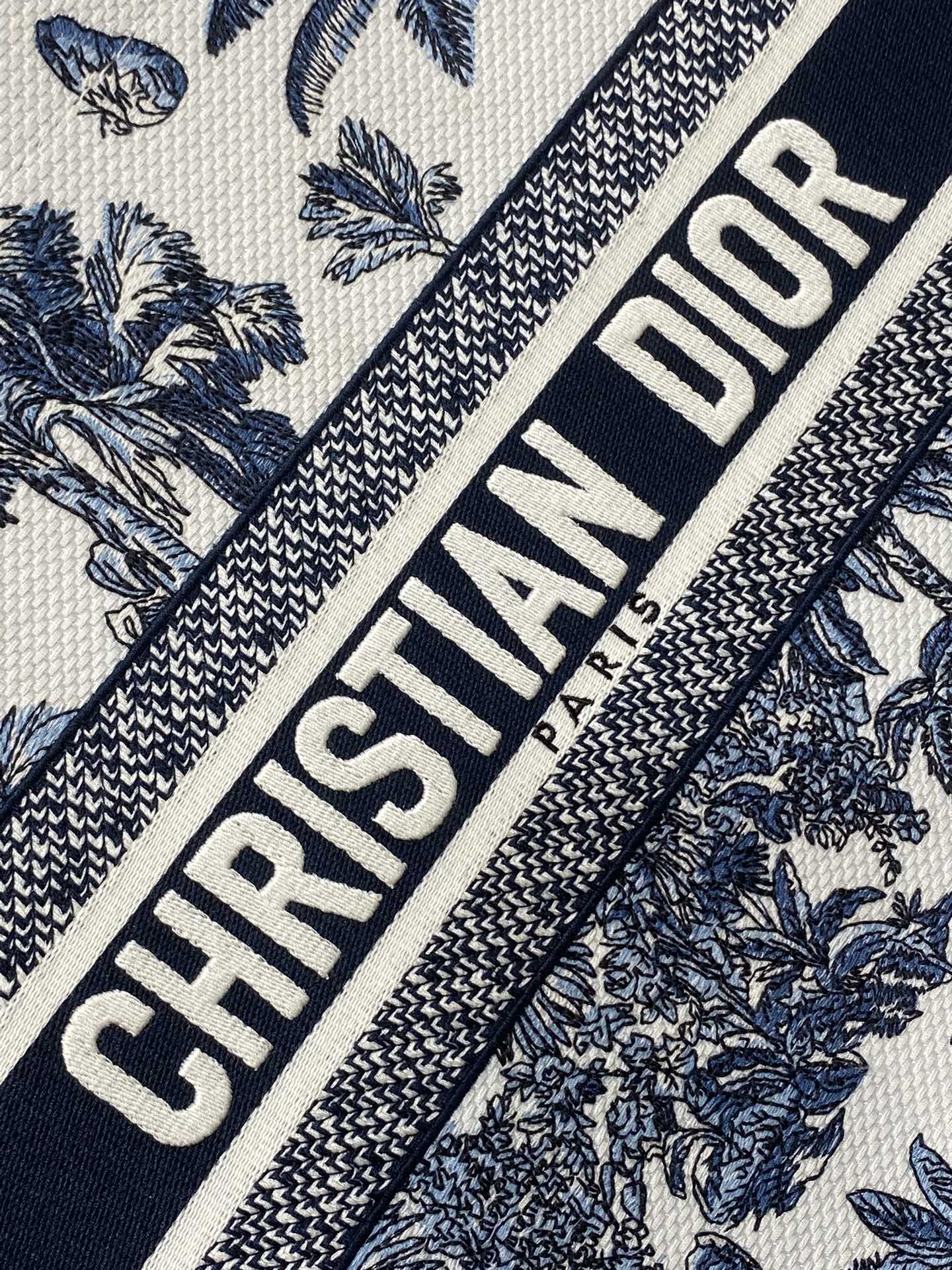 CD Medium Dior Book Tote Tropical Pattern Slate Blue White Black Cotton