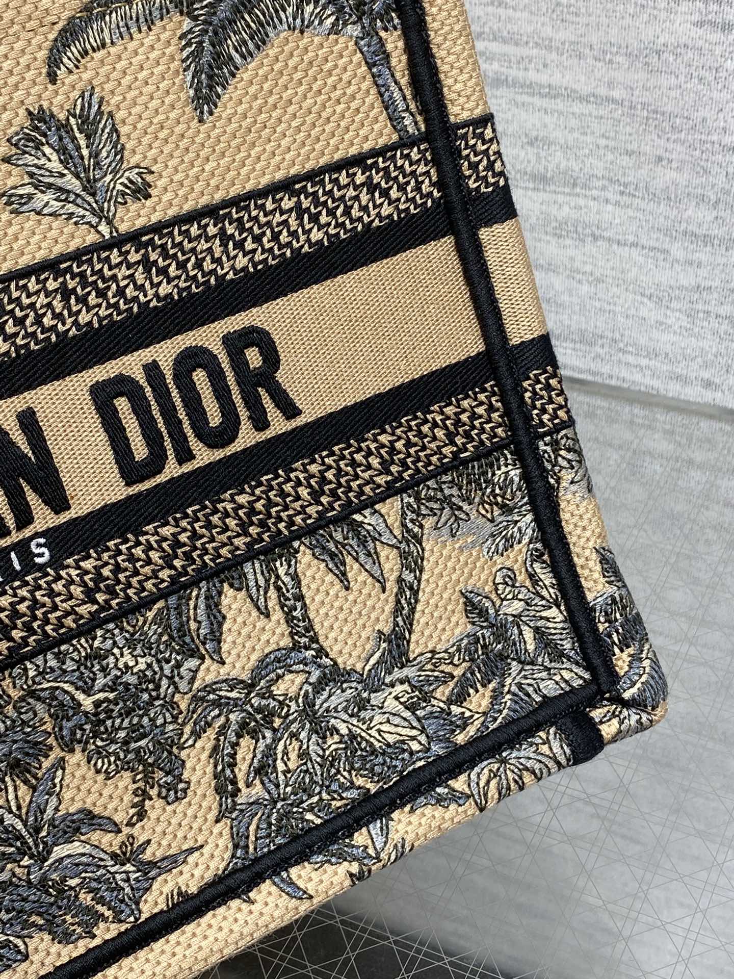 CD Small Dior Book Tote Tropical Pattern Black Beige Cotton