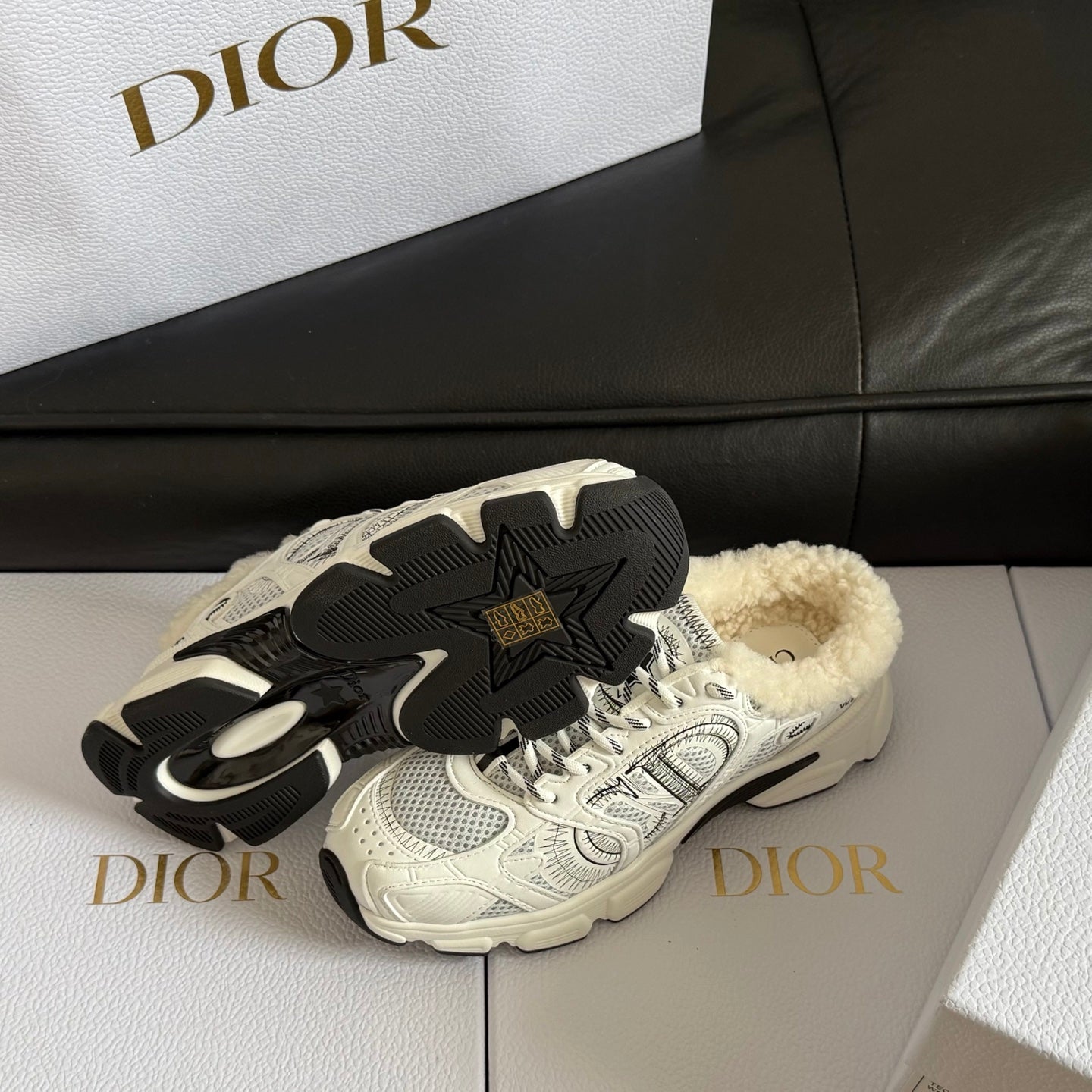Dior 25 Chrono Sneakers Black Cream Mesh Calfskin 531389