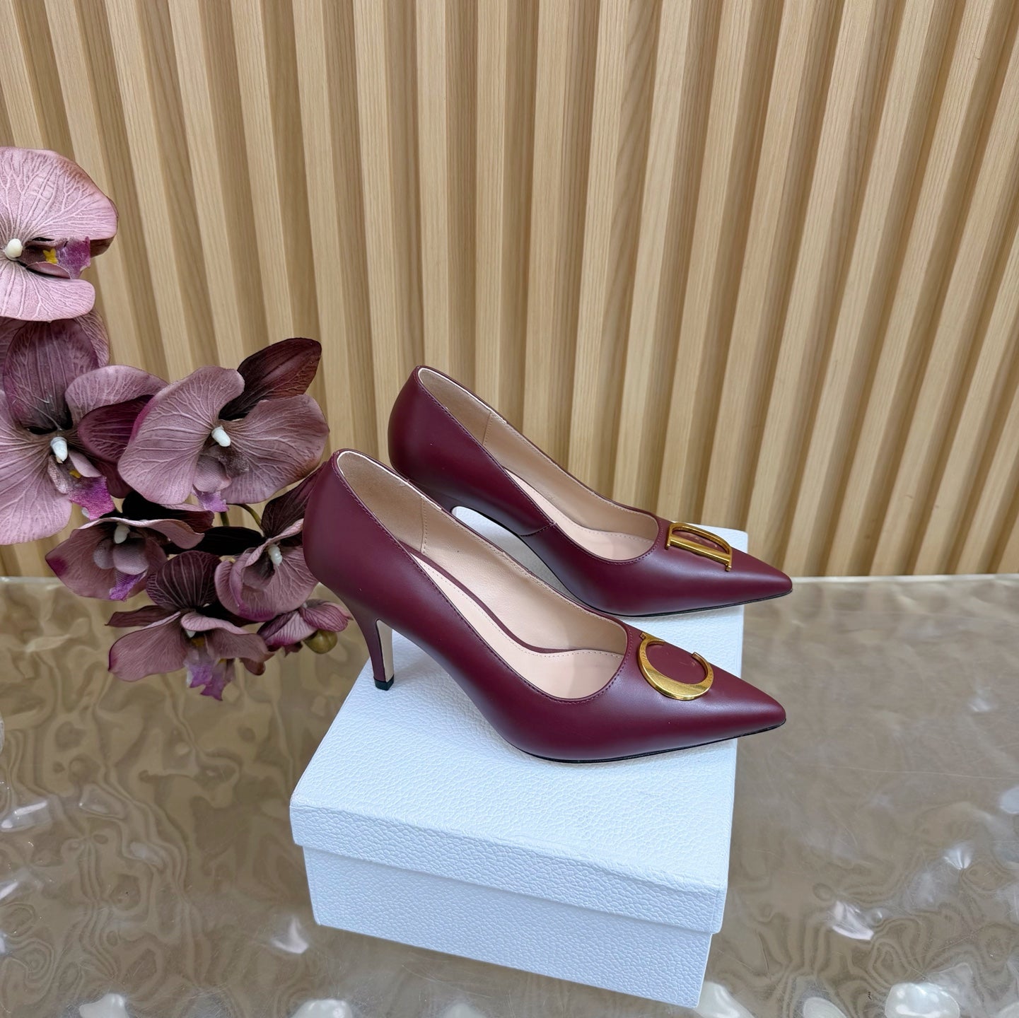 CD Buckle High-Heeled Elegant Shoes 85mm Burgundy Cowhide 537720