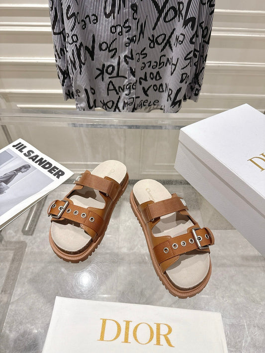 CD 26s Double-Strap Slide Sandals Tan Calfskin 919009