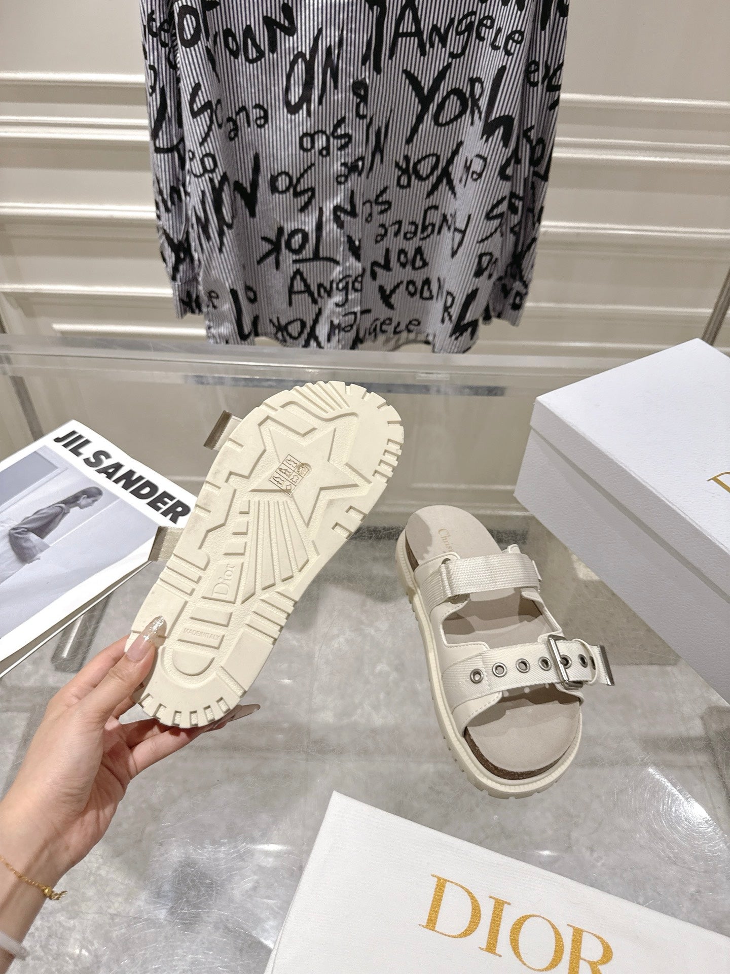 CD 26s Double-Strap Slide Sandals Cream Calfskin 919010