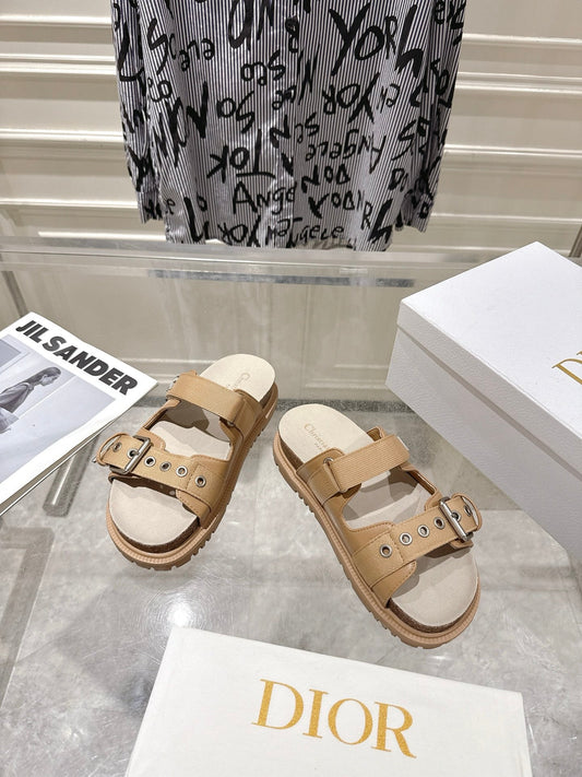 CD 26s Double-Strap Slide Sandals Khaki Calfskin 919015