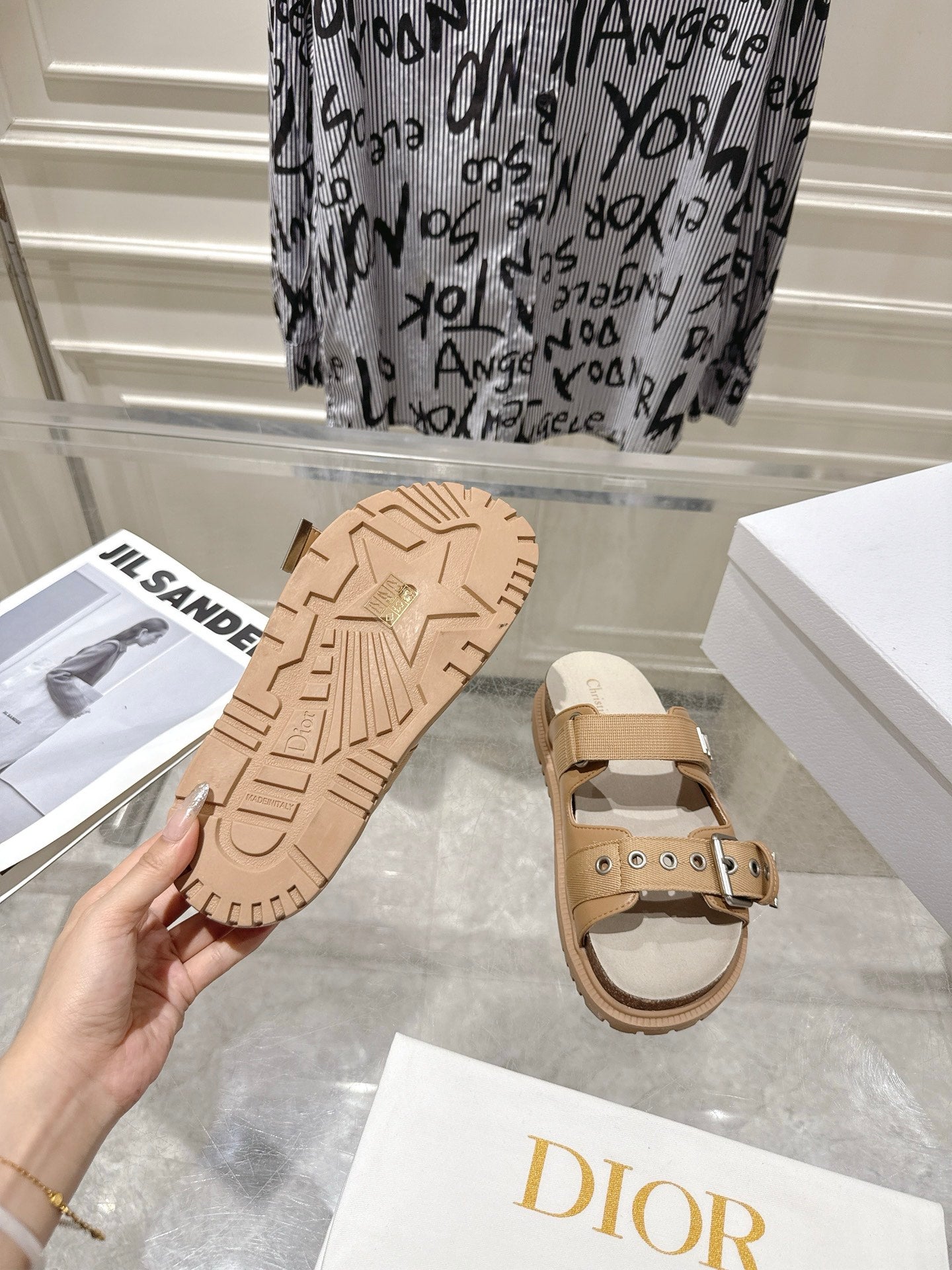 CD 26s Double-Strap Slide Sandals Khaki Calfskin 919015