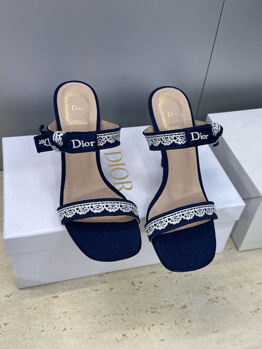 CD 26s Heeled Sandal 10cm Navy Blue Beige Leather Fabric 633070