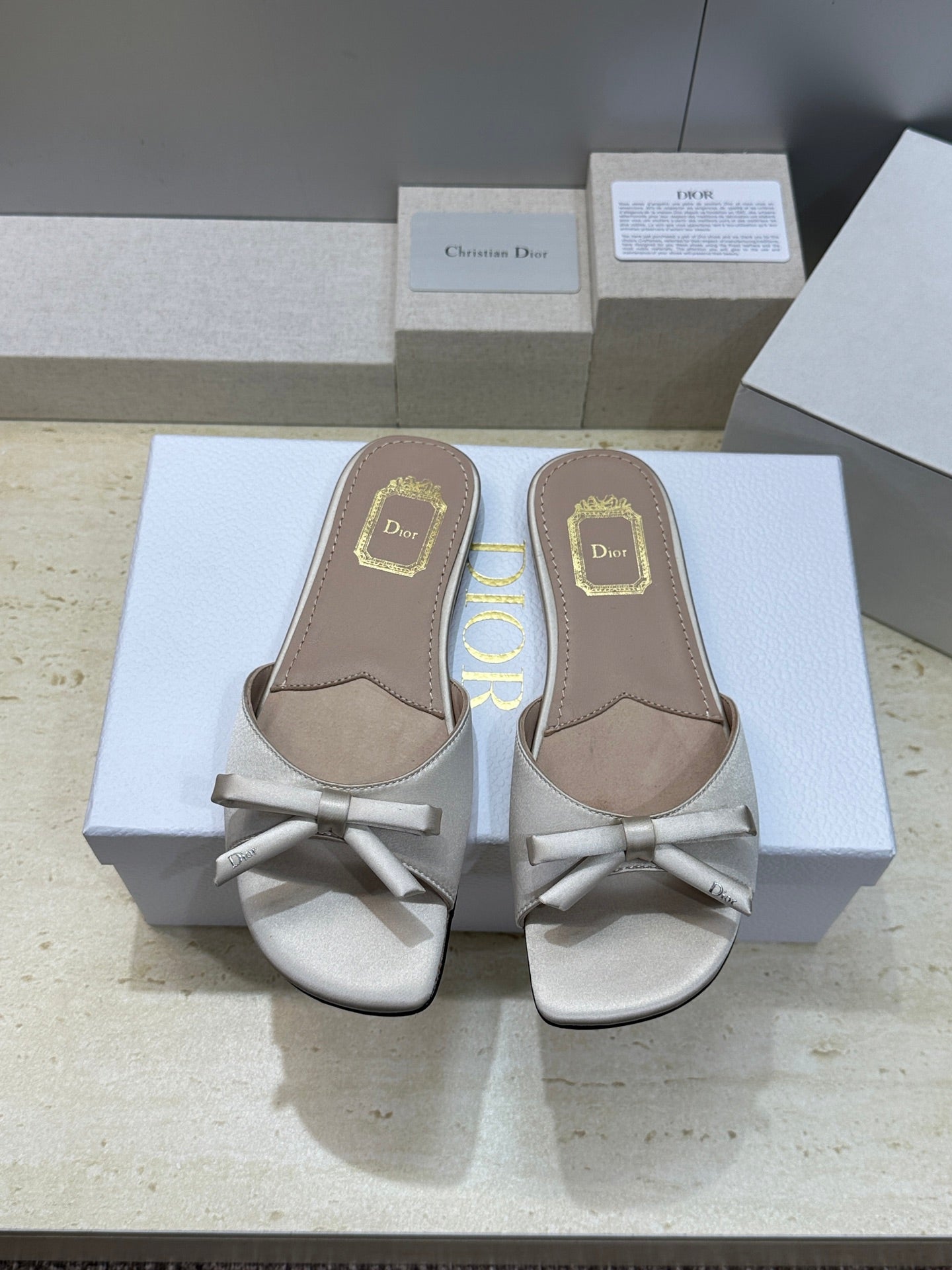CD Dior Bow Slides Grey Satin 884661