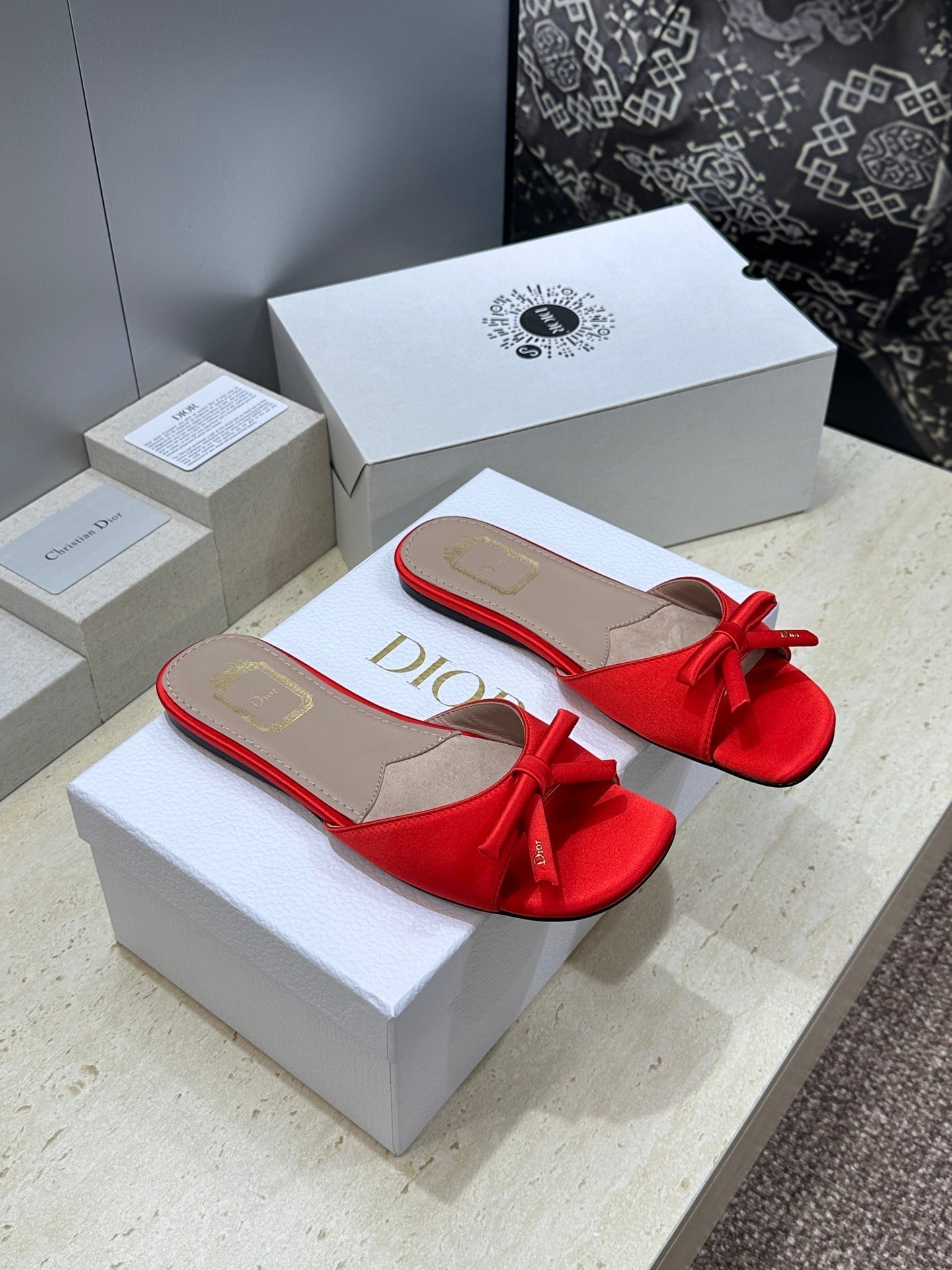 CD Dior Bow Slides Red Satin 884662