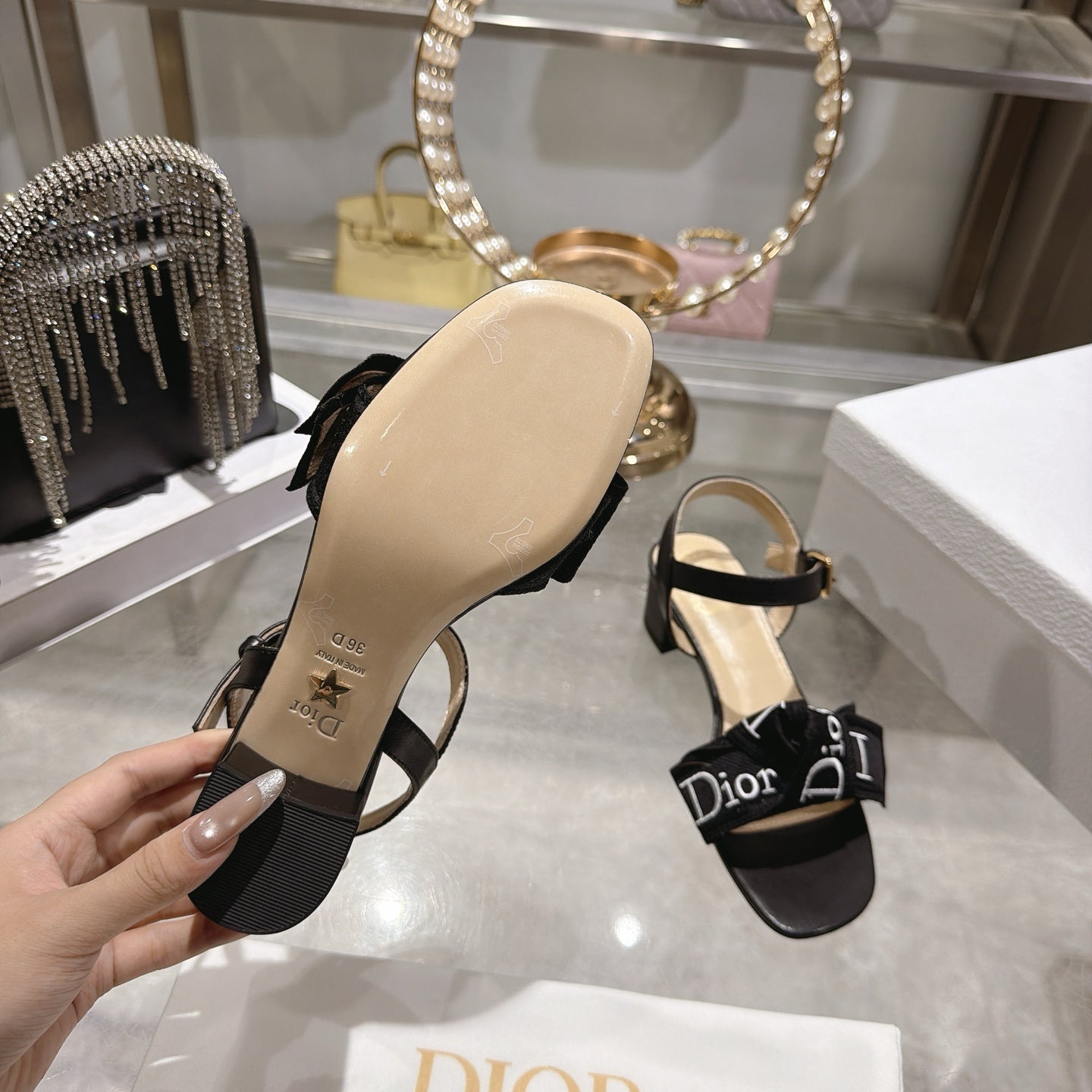CD J'Adior Sandals Black Canvas Leather 901714