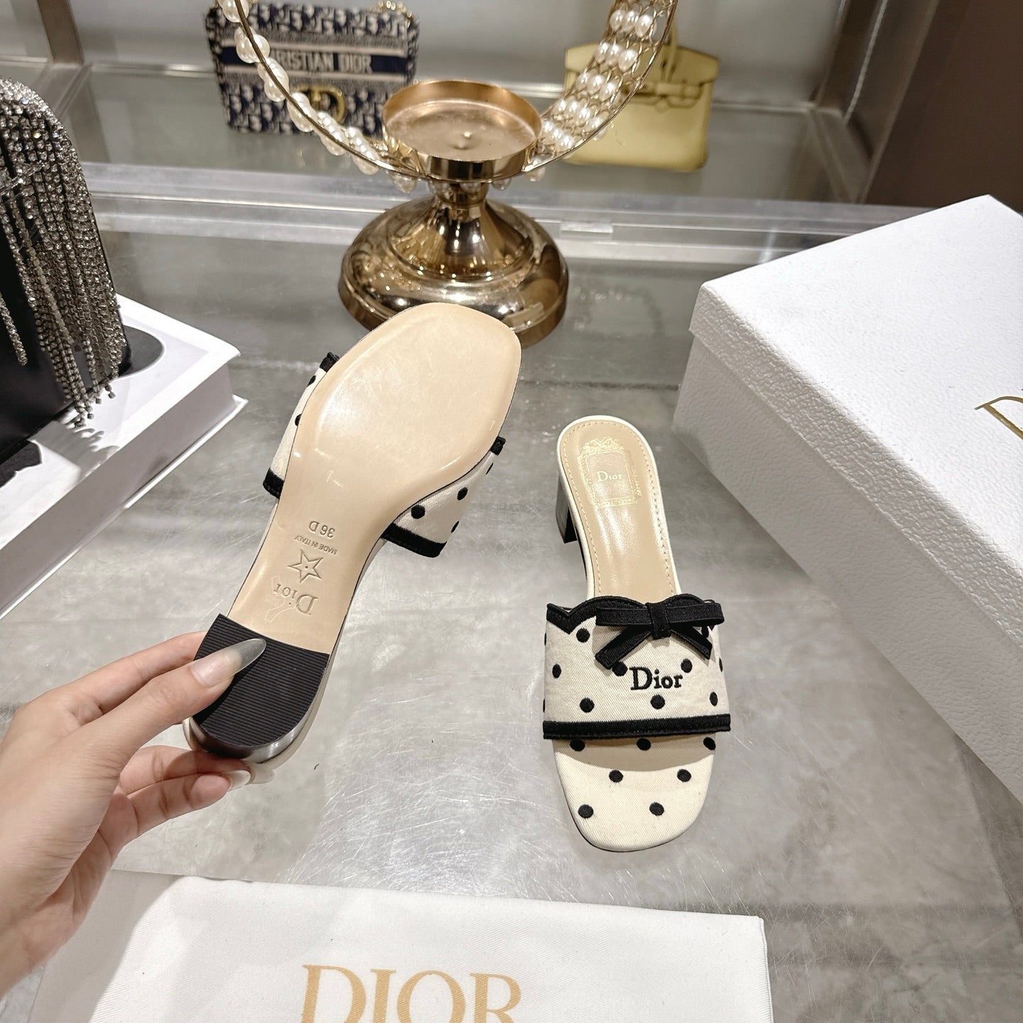 CD Dway Sandal 3.5cm PolkaDior Cream Motif Cotton Leather 951359