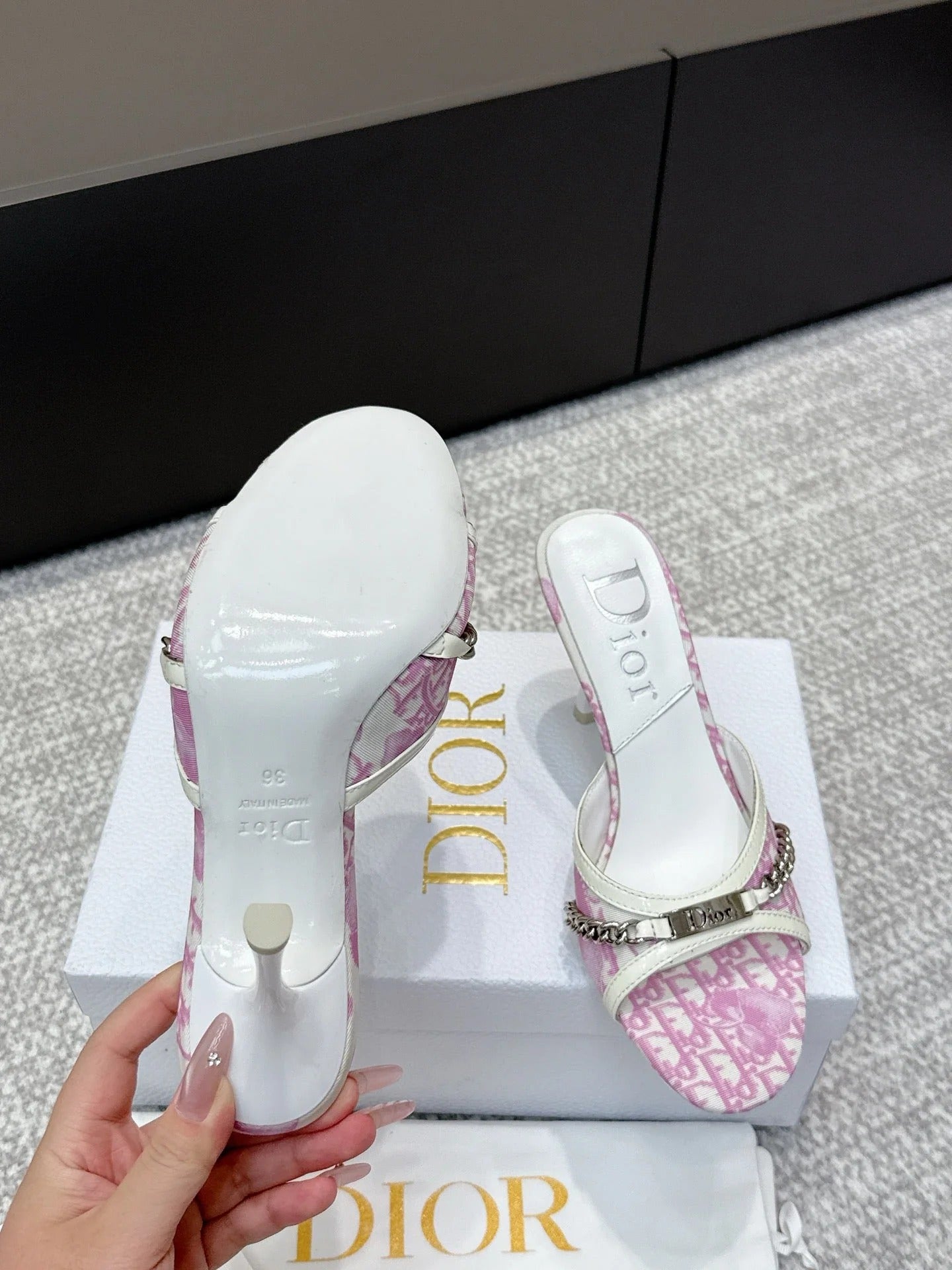 CD 26s High Heels Sandals 85 White Pink Fabric Cowhide 661471