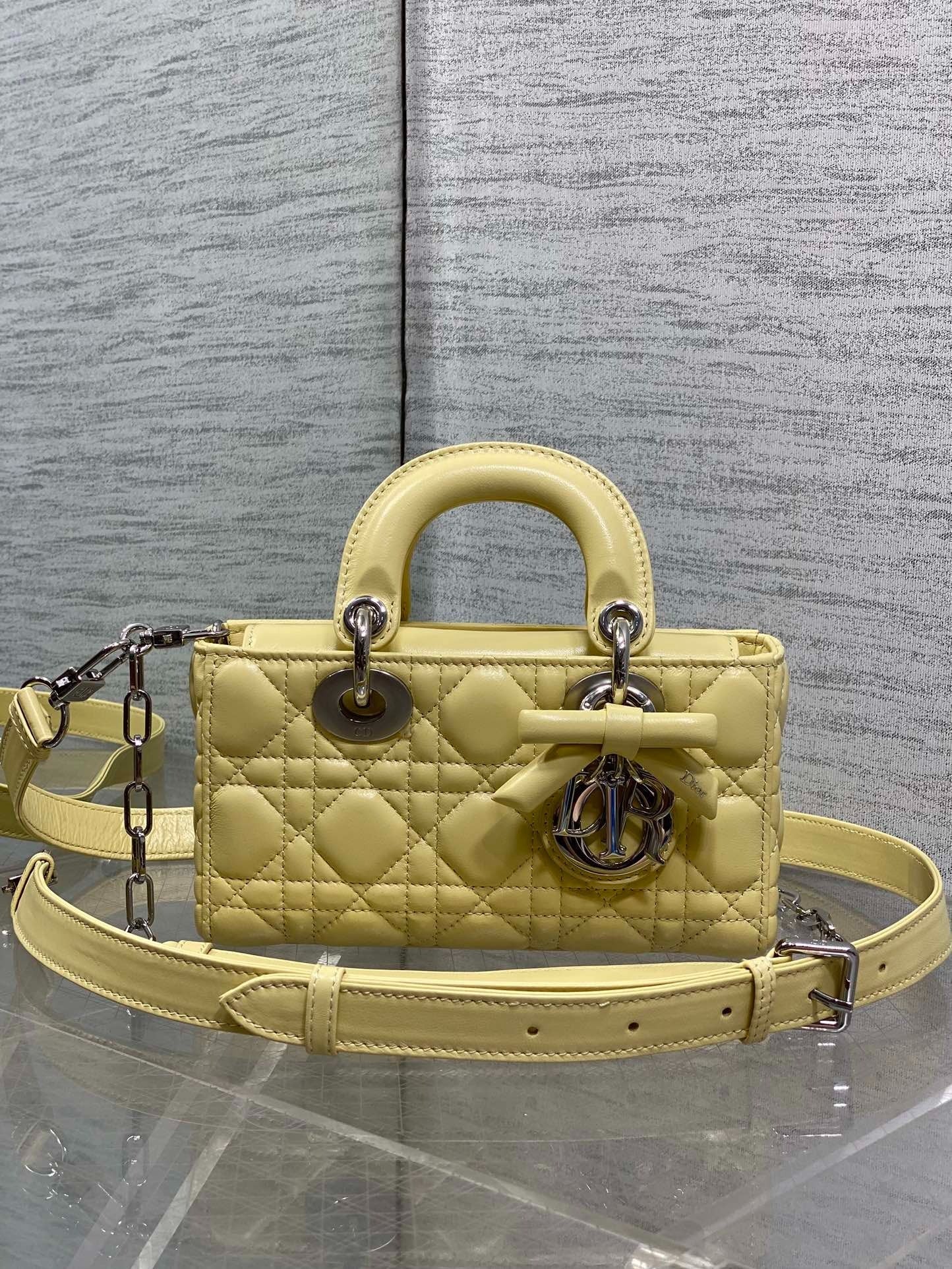 CD 2026 Bow Lady D-Joy 19cm Yellow Cannage Lambskin With Silver Charm 286561