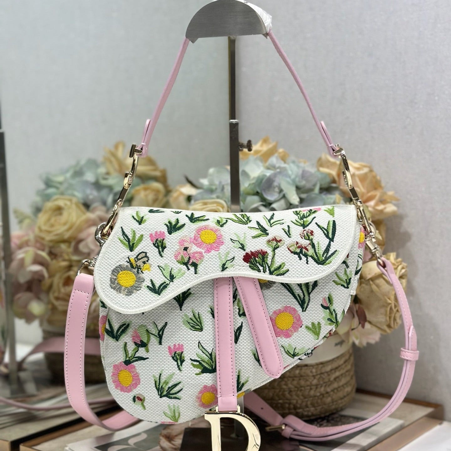 CD Saddle Bag 25.5cm White Floral in Denim 288054