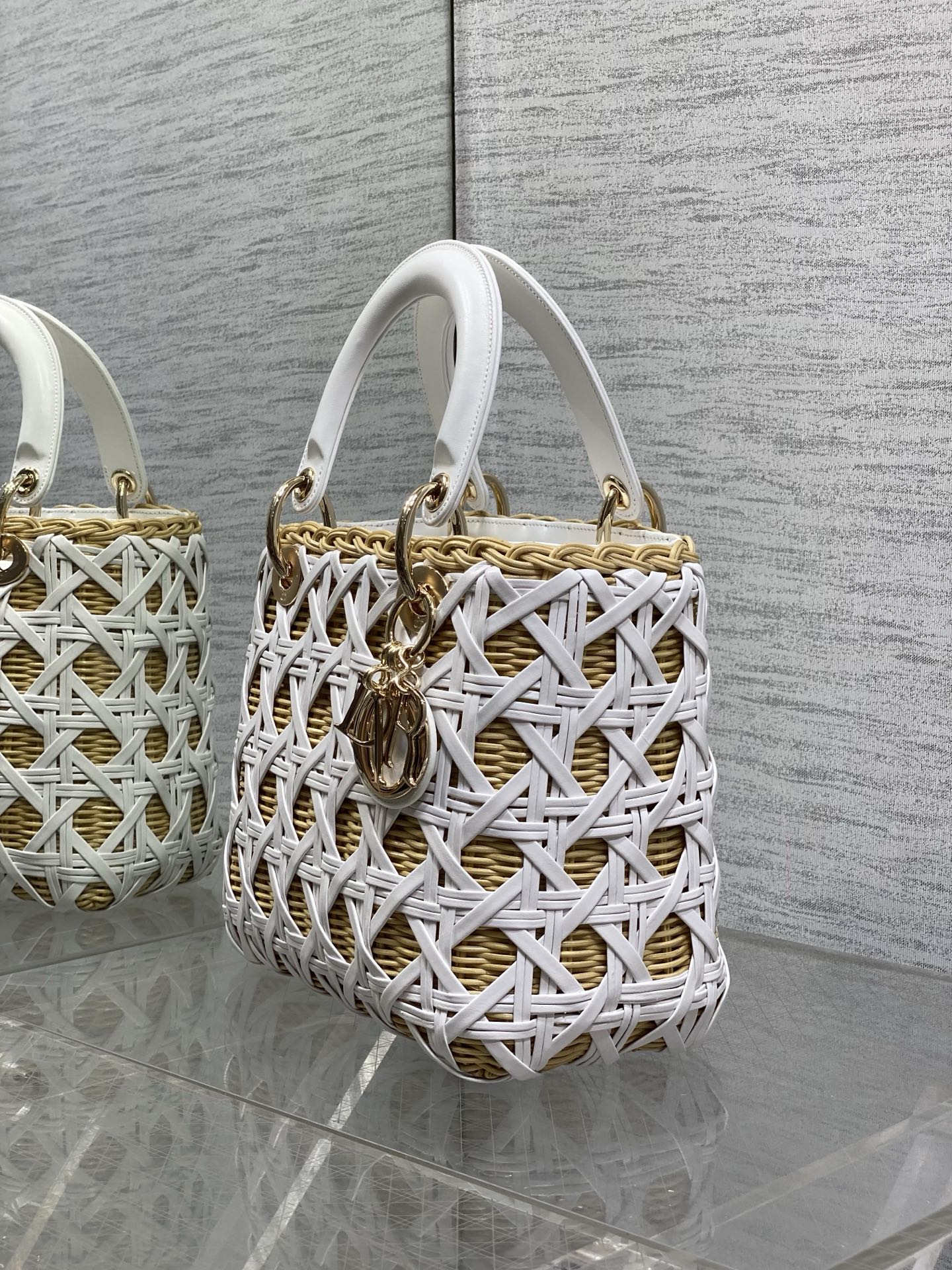 CD Lady Dior Bag 24cm White in Rattan 155504