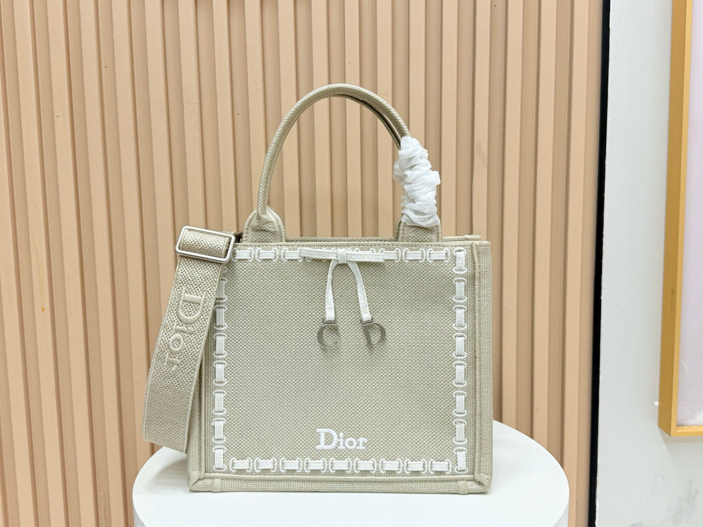 CD Book Tote Bag with Strap Beige in Embroidery 155367