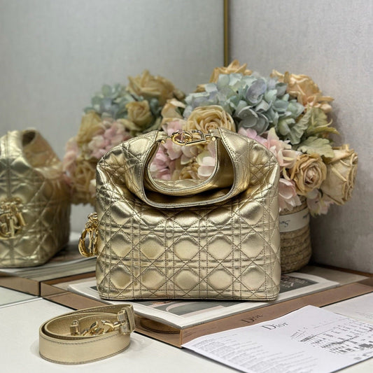 CD Lady Dior Shoulder Bag 27cm Gold Metallic in Sheepskin 155559