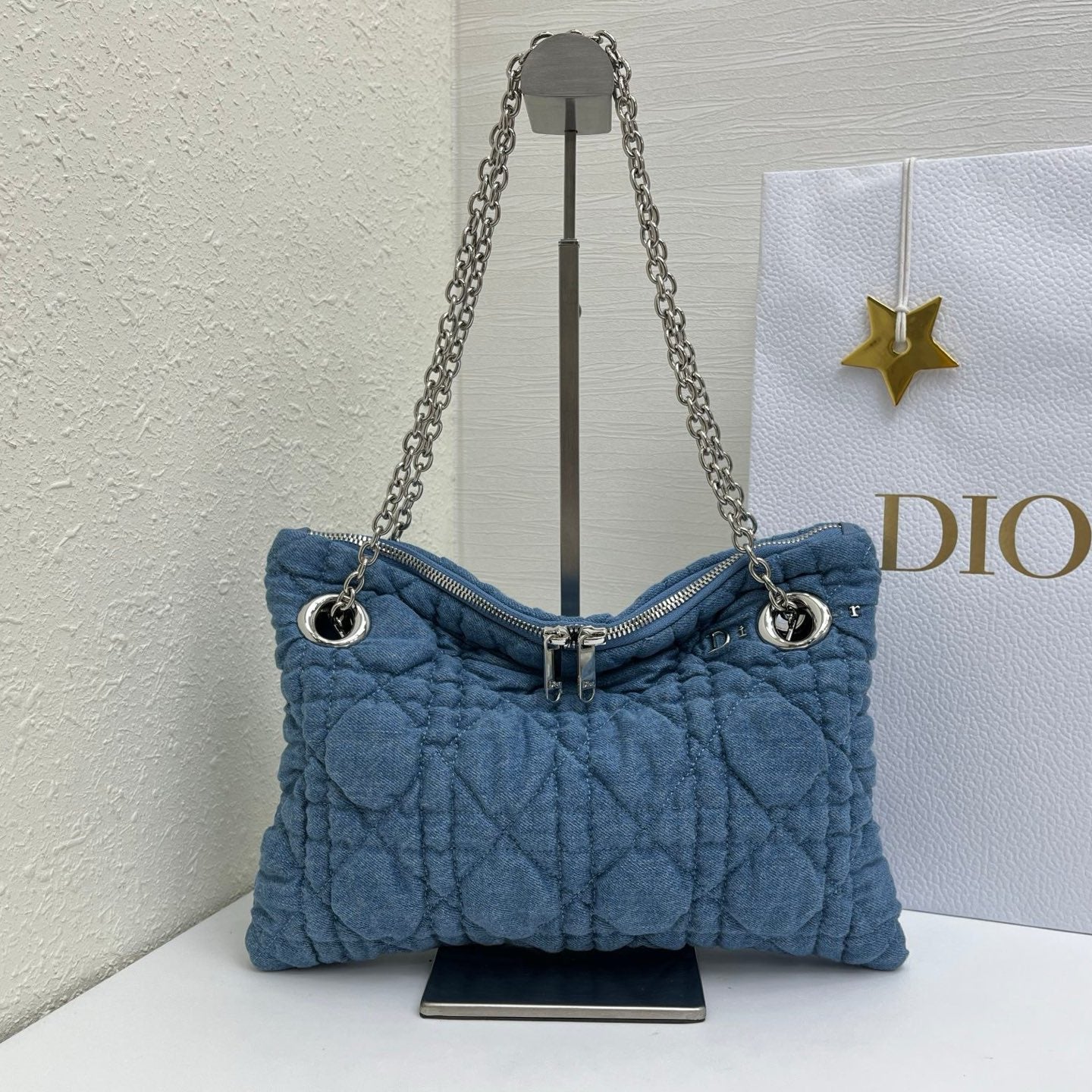 CD Small Cannage Quilted Tote Bag Blue Cowhide 158107