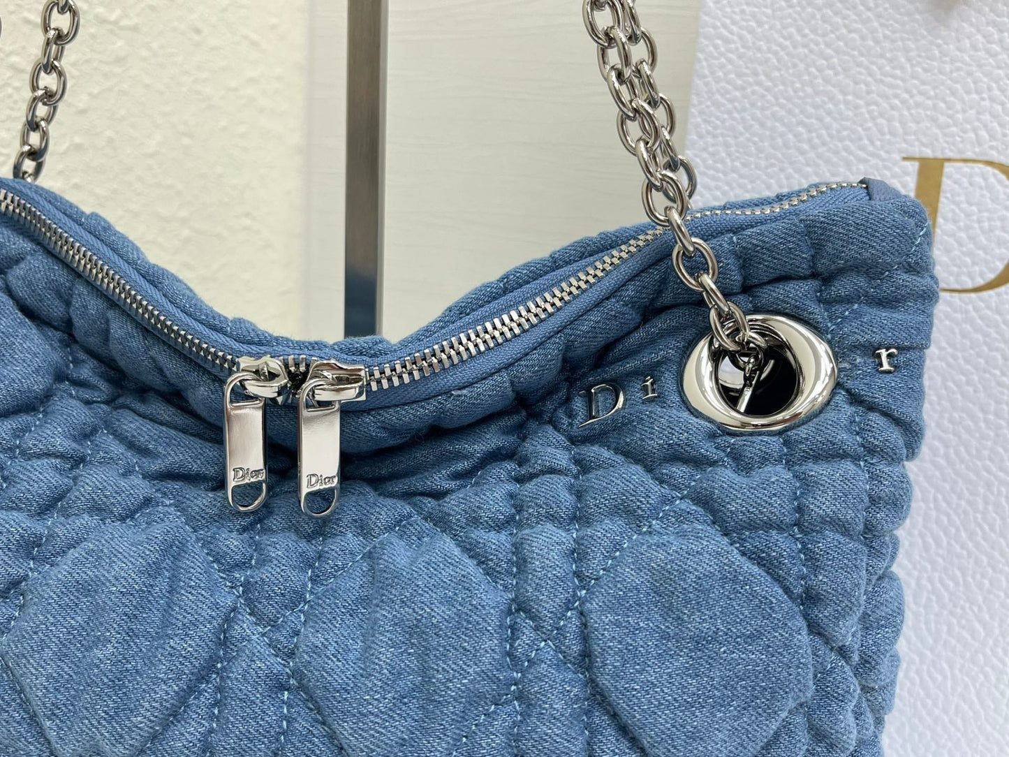 CD Small Cannage Quilted Tote Bag Blue Cowhide 158107