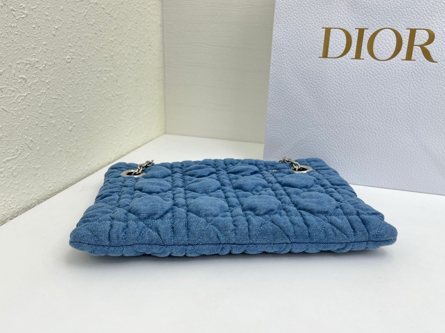 CD Small Cannage Quilted Tote Bag Blue Cowhide 158107