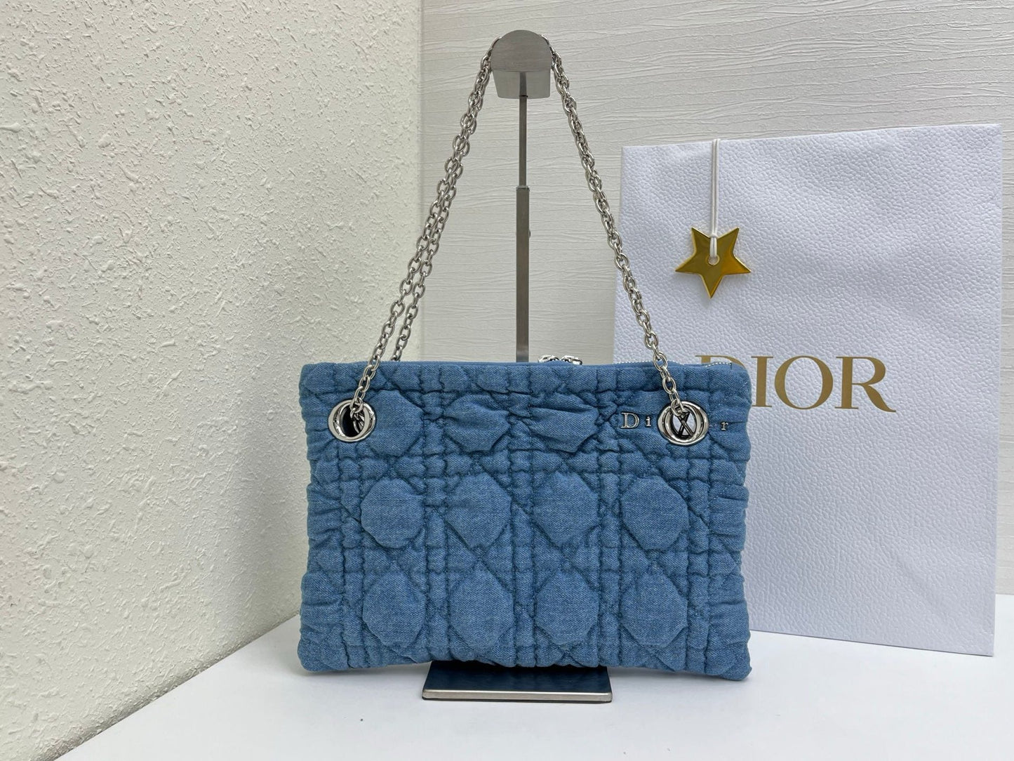 CD Small Cannage Quilted Tote Bag Blue Cowhide 158107