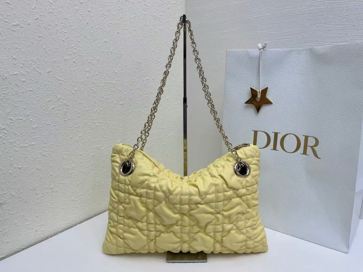 CD Small Cannage Quilted Tote Bag Yellow Cowhide 158106