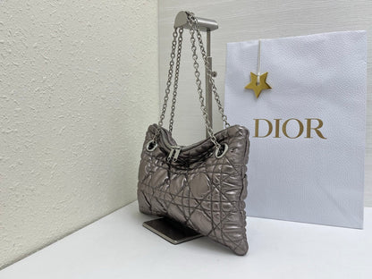 CD Small Cannage Quilted Tote Bag Silver Metallic Cowhide 158105