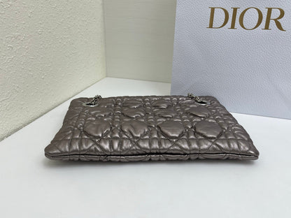 CD Small Cannage Quilted Tote Bag Silver Metallic Cowhide 158105