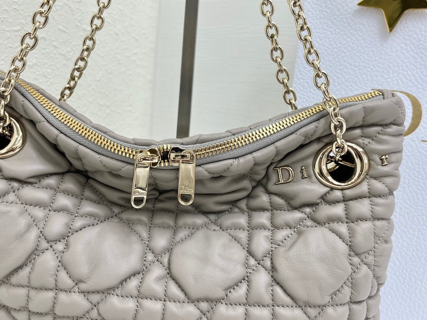 CD Small Cannage Quilted Tote Bag Light Taupe Cowhide 158104