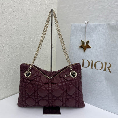 CD Small Cannage Quilted Tote Bag Burgundy Cowhide 158102