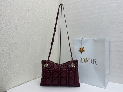 CD Small Cannage Quilted Tote Bag Burgundy Cowhide 158102