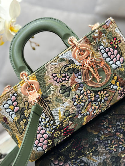 CD Lady D-Joy Sage 26cm Green Floral Embroidered Leather RGHW 158656