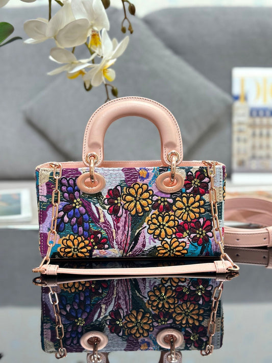 CD Lady D-Joy Sage 26cm Pink Floral Embroidered Leather RGHW 158576