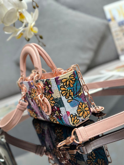 CD Lady D-Joy Sage 26cm Pink Floral Embroidered Leather RGHW 158576