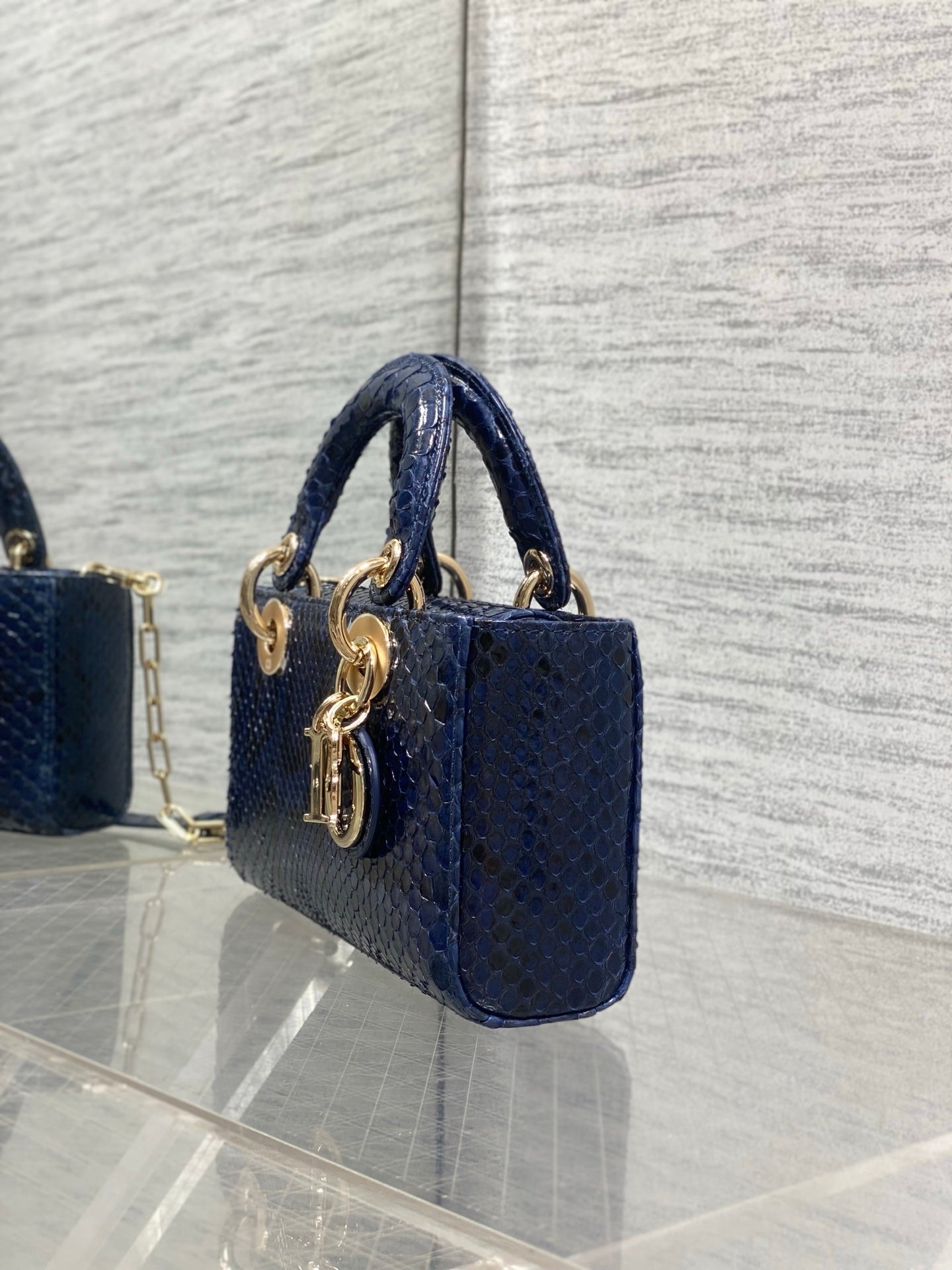 CD Lady D-Joy Bag 22cm Navy Snakeskin Leather GHW 160000