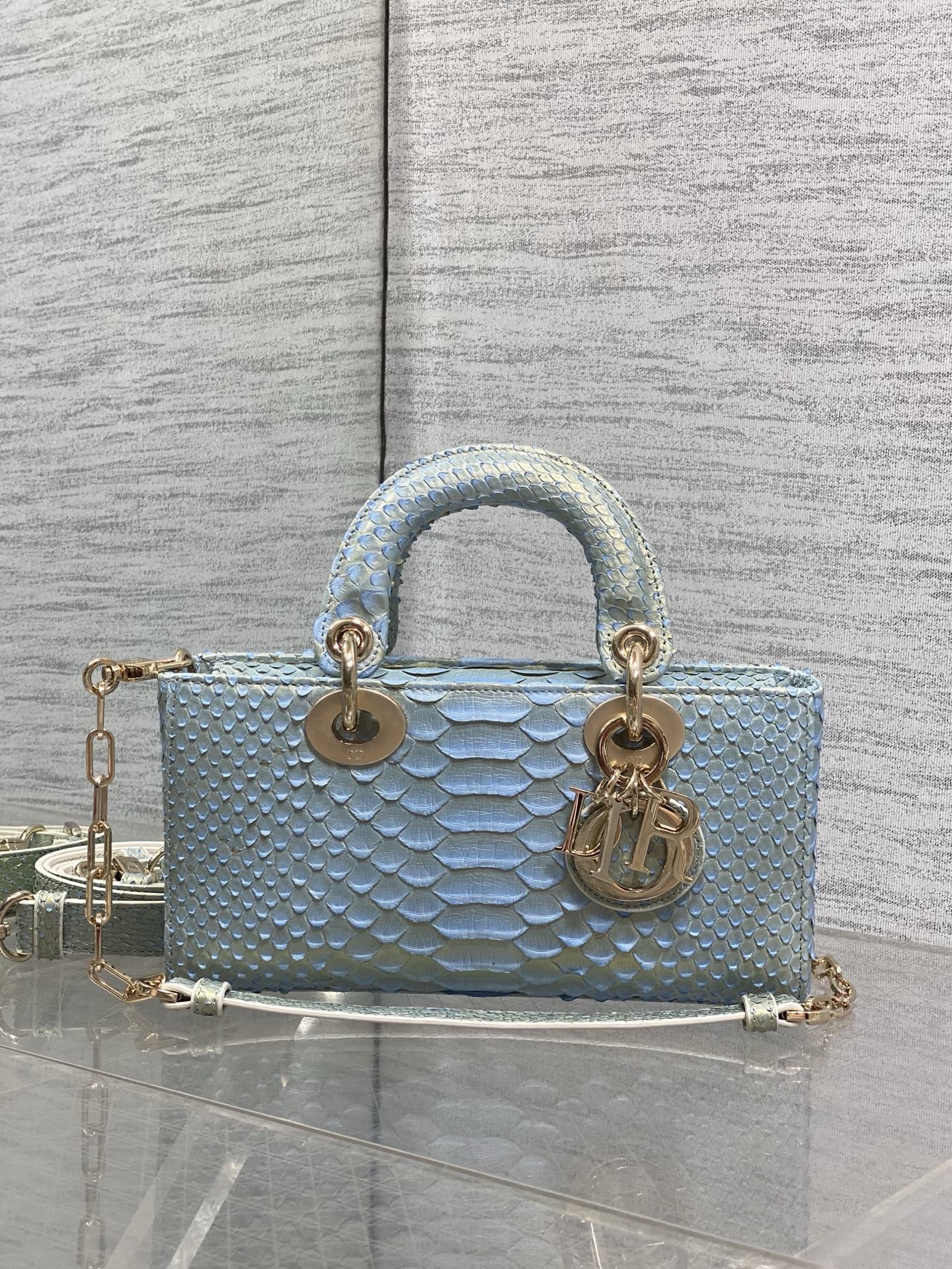 CD Lady D-Joy Bag 22cm Blue Snakeskin Leather GHW 159998