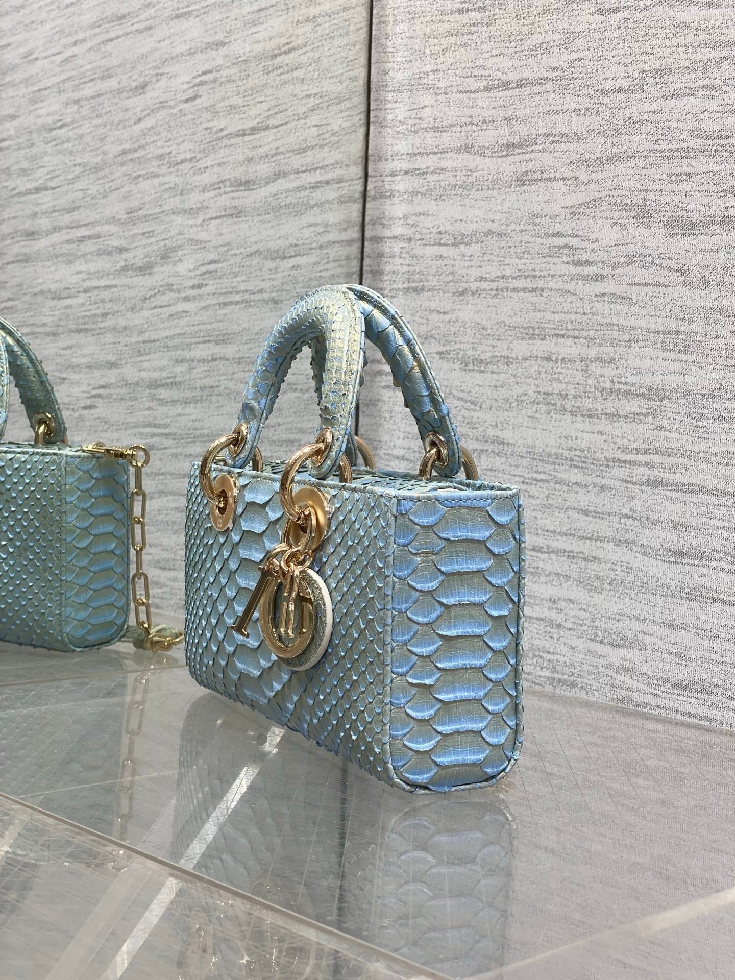 CD Lady D-Joy Bag 22cm Blue Snakeskin Leather GHW 159998