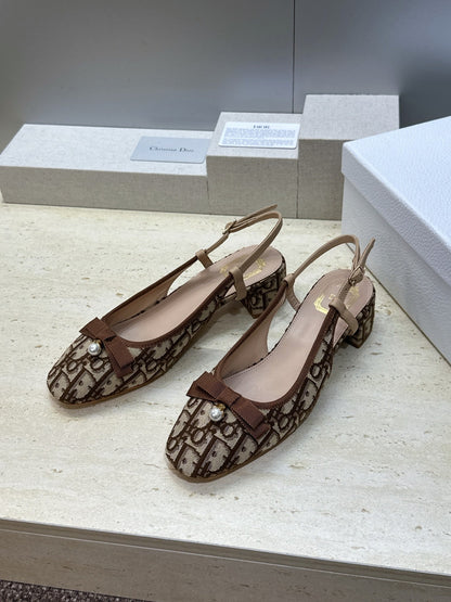 CD Oblique Bow Pearl Slingback Pumps 3.5CM Brown Embroidered Cotton 933312