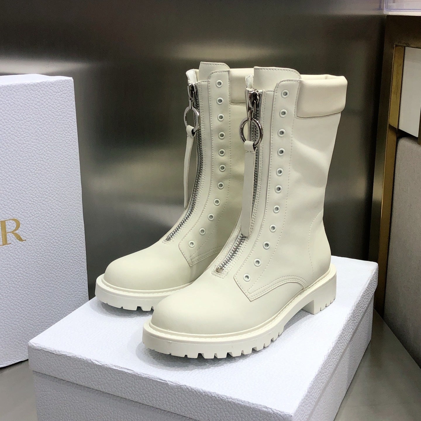 CD Combat Boots Mid-Calf Front Zipper Milk White Leather 965382