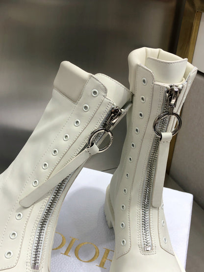 CD Combat Boots Mid-Calf Front Zipper Milk White Leather 965382