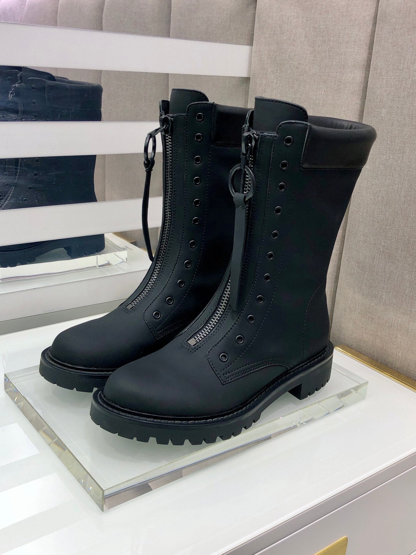 CD Combat Boots Mid-Calf Front Zipper Black Leather 965381