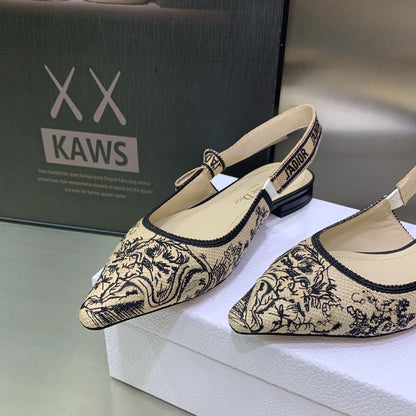 JAdior Slingback Flat Black Embroidered Cotton with Gold-Tone Metallic Thread