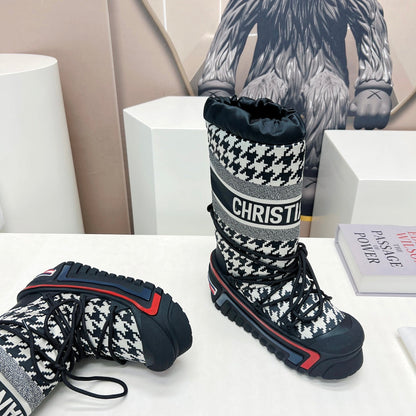 CD Platform Snow Boots Black White Cowhide Nylon Fabric 539656