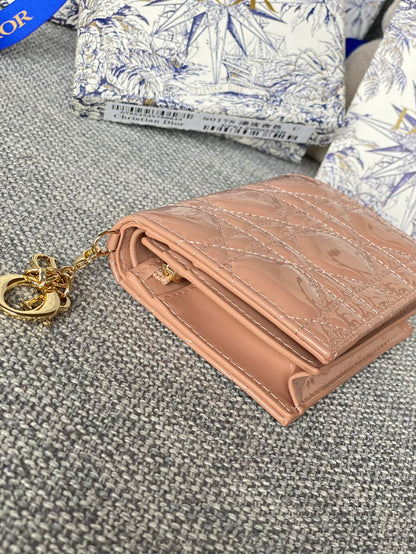CD Caro 11cm Compact Wallet Shiny Dark Beige Calfskin