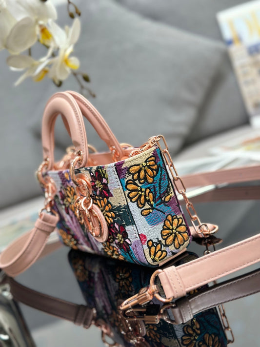 Dior 2026 Embroidered Floral Bag 22cm Pink Mix Colors Fabric Leather 158576